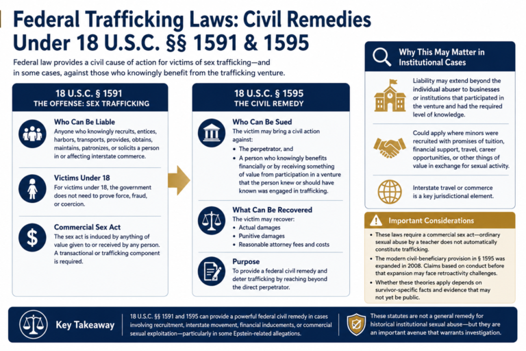 Infographic on civil remedies for sex trafficking victims under 18 U.S.C. §§ 1591 and 1595