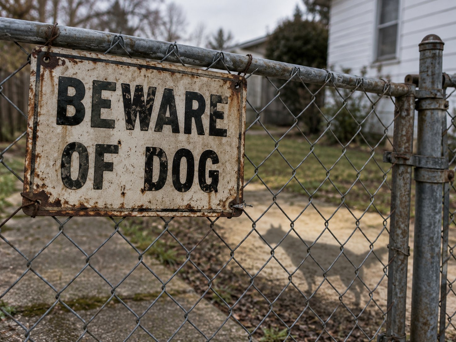 A rusted Beware of Dog sign wired to a chain-link gate, with a dog's shadow on the ground inside the fence