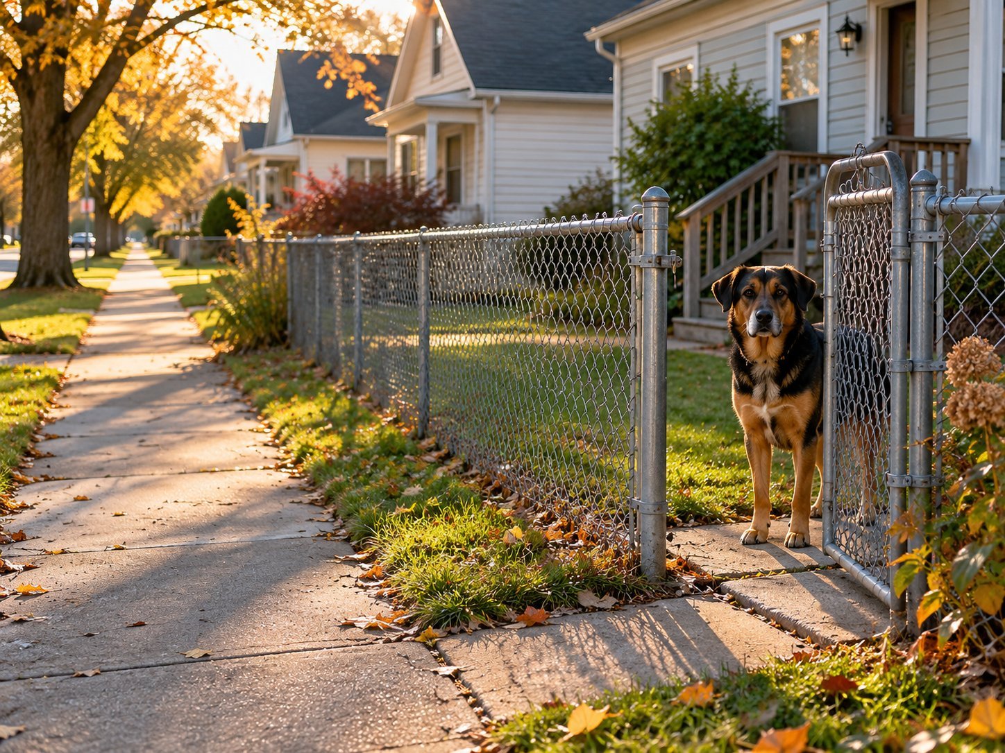 A chain-link gate standing open on a tree-lined Michigan sidewalk, a large dog watching from behind it