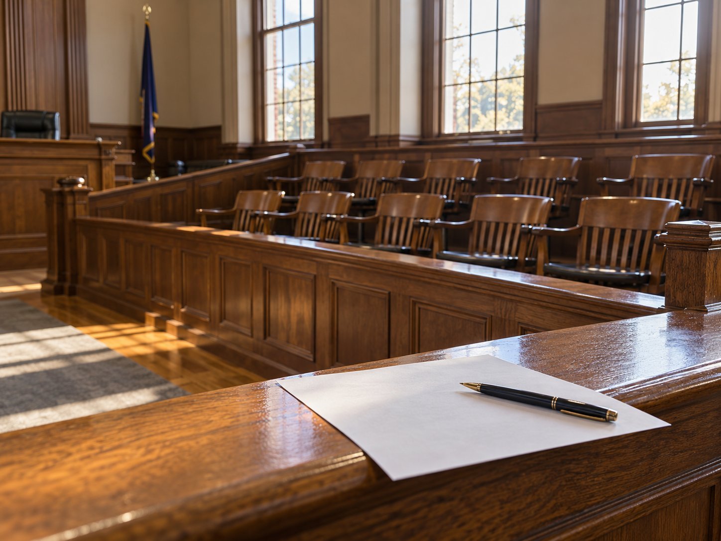 An empty jury box in an older Michigan courtroom, with a blank verdict form and a pen resting on the rail
