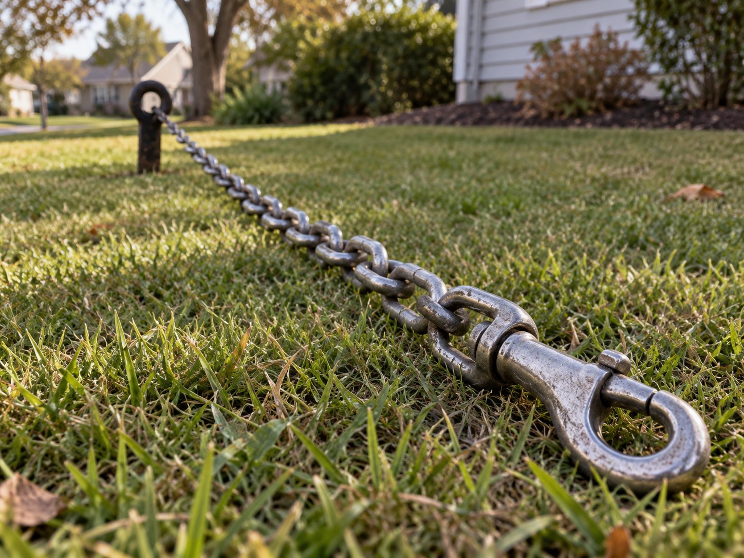 A heavy dog chain pulled taut from an iron stake across a suburban lawn, the clip at its end in sharp focus