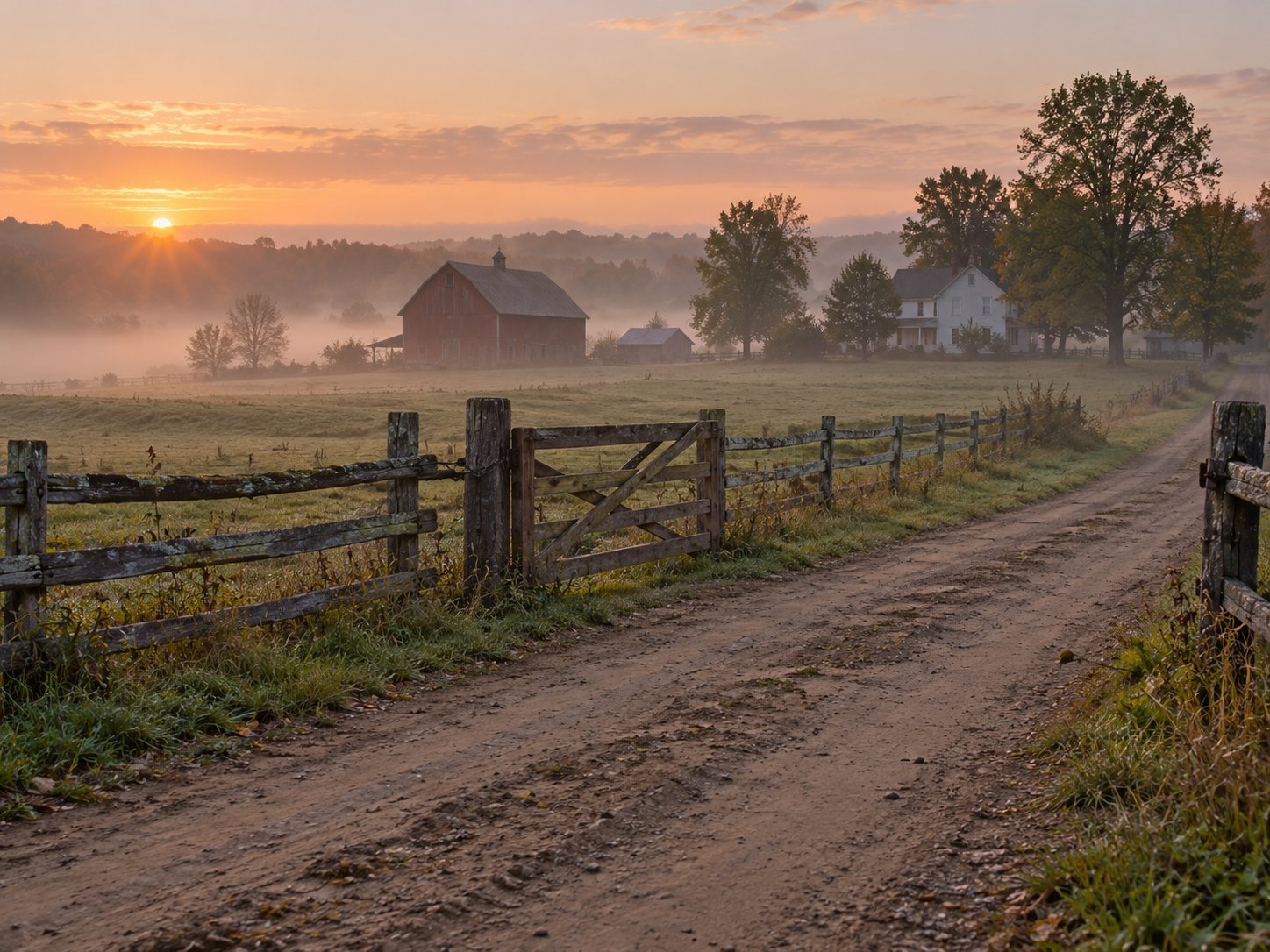 A dirt country road at dawn beside a split-rail fence and farm gate, with a barn and farmhouse in the morning mist