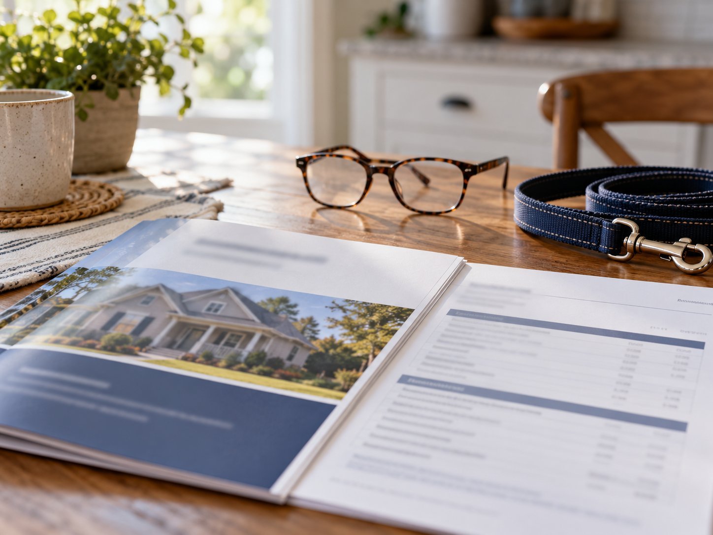 A homeowners insurance policy booklet and declarations page open on a kitchen table beside reading glasses and a coiled dog leash