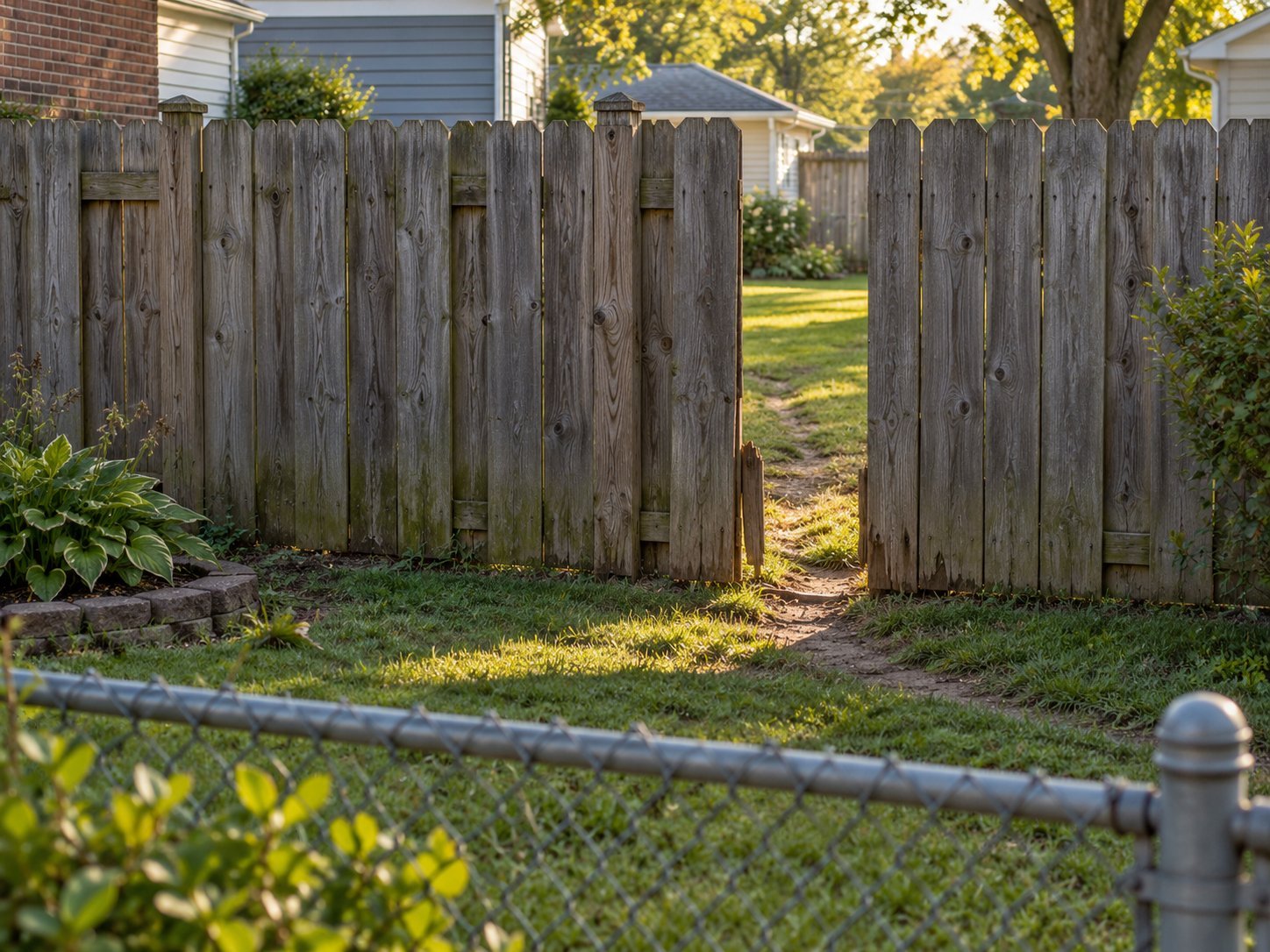 A weathered wooden privacy fence between two back yards with one board broken out near the bottom, seen across a chain-link fence from the neighbor's yard