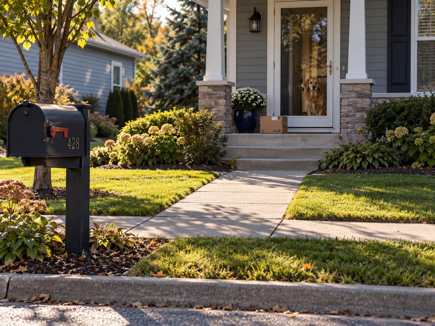A front walk leading from a curbside mailbox to a porch, a package on the step, and a golden retriever watching from behind the storm door