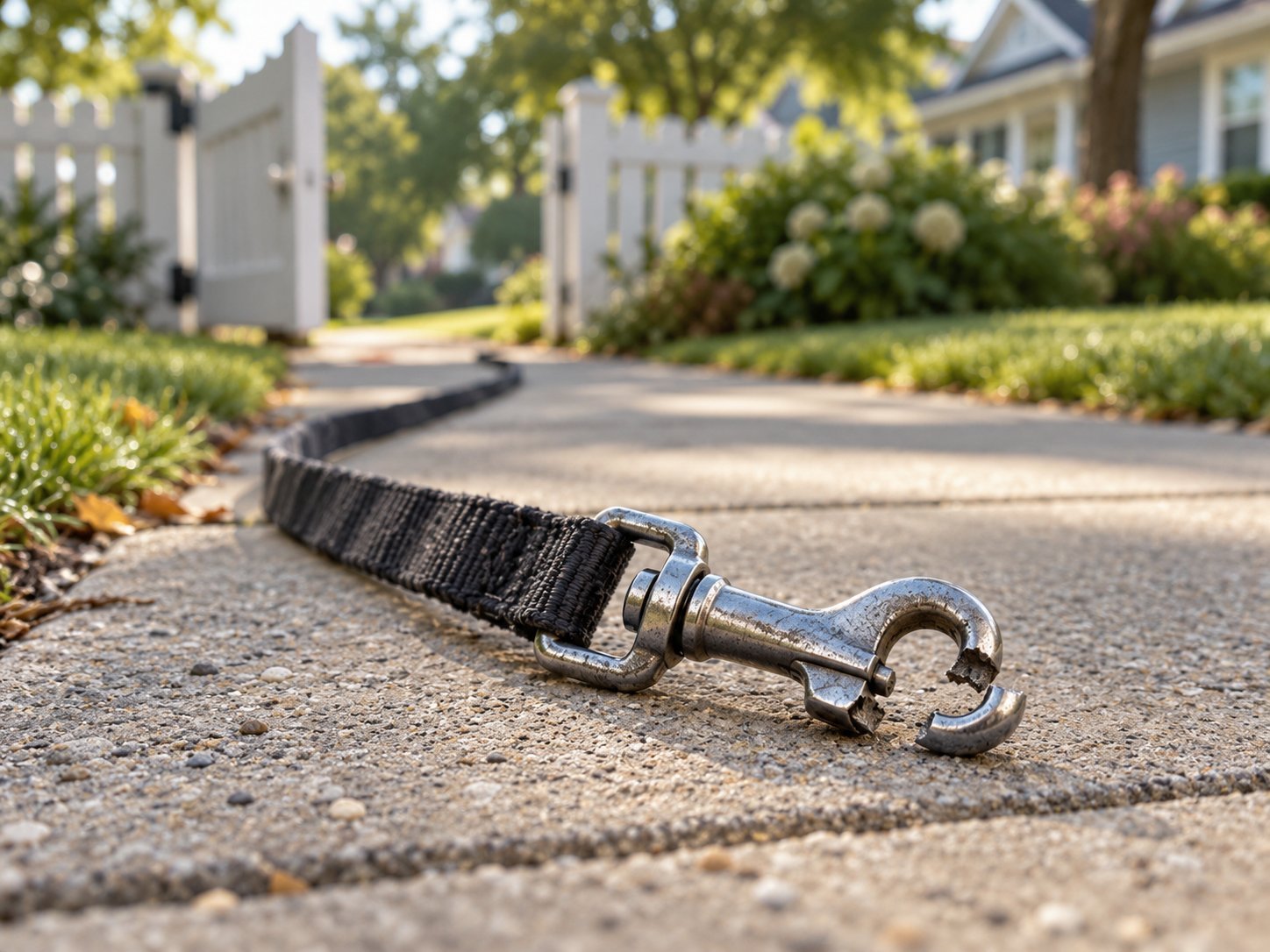 A broken leash clip lying on a suburban sidewalk, the leash trailing toward an open gate