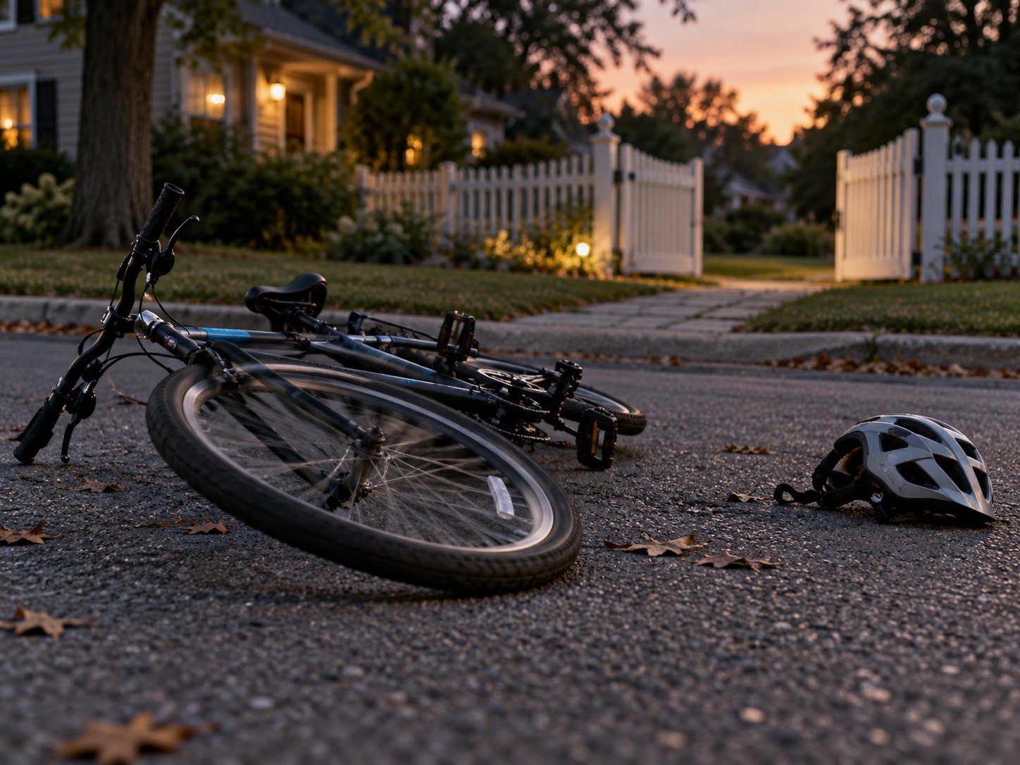A bicycle lying on its side on a residential street at dusk, a helmet on the pavement nearby, a picket-fence gate standing open in the background