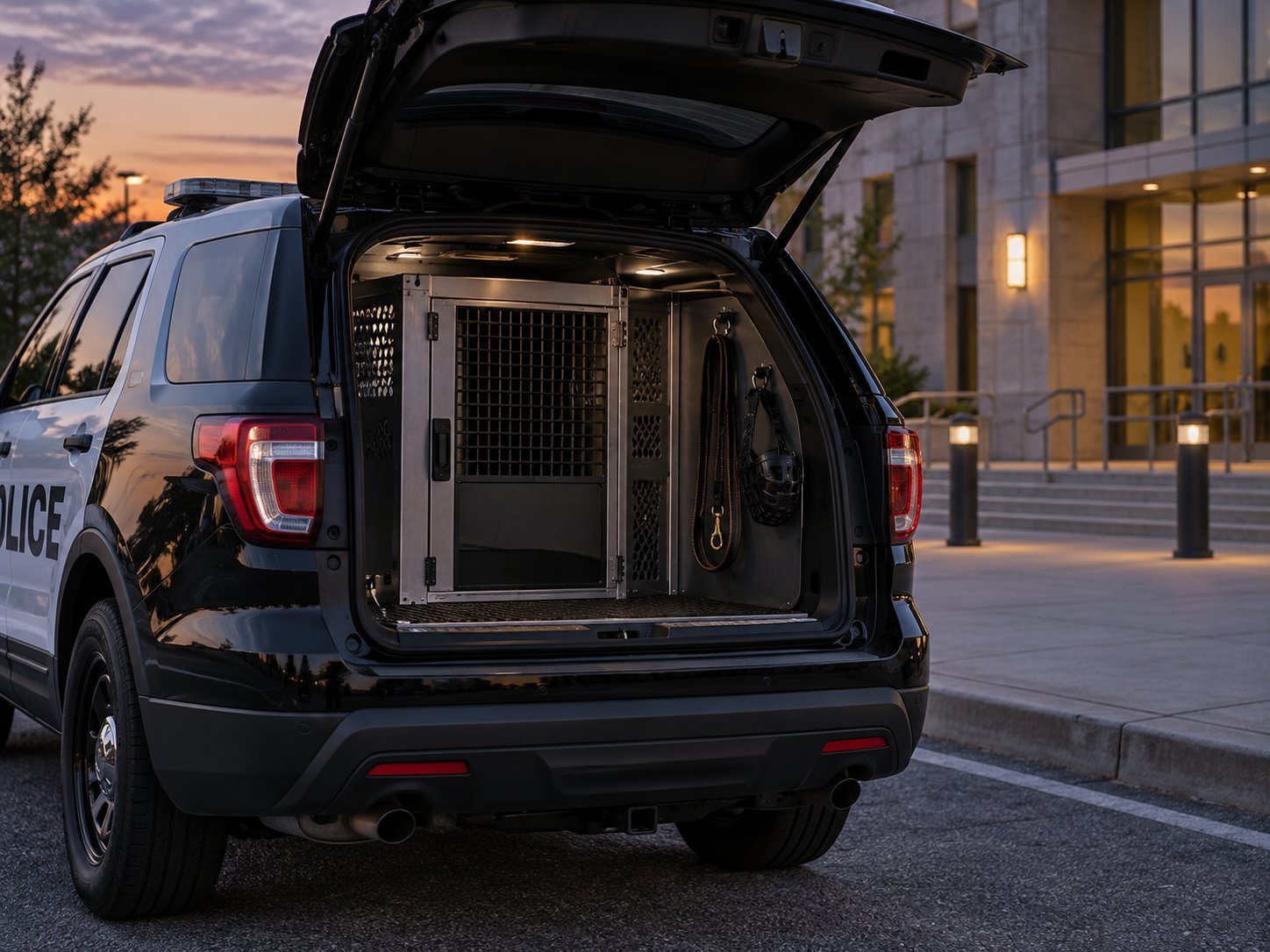 The open tailgate of a marked police SUV at dusk showing an empty K-9 transport kennel, a leash and a muzzle