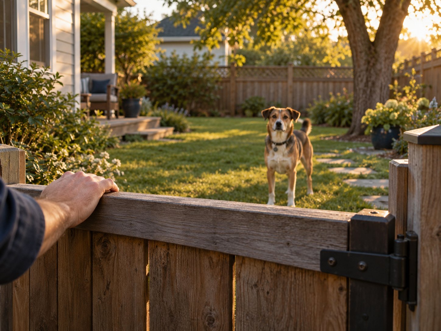 A hand resting on top of a backyard gate at sunset, a medium-size dog standing alert in the yard beyond