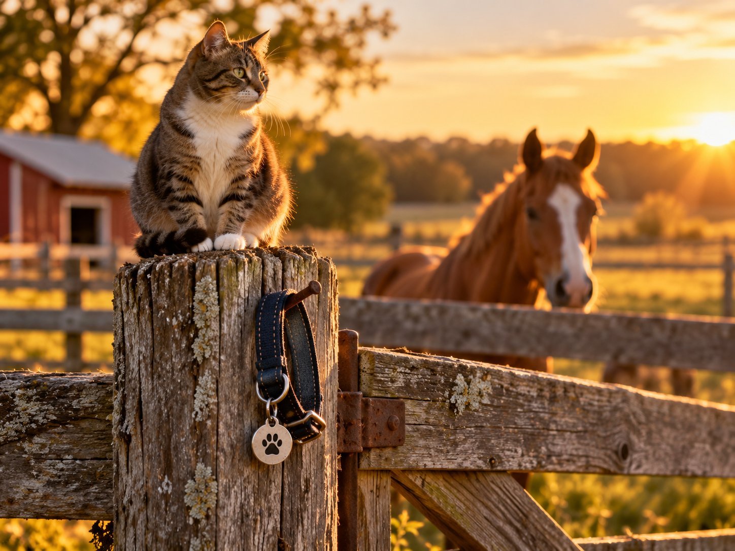 A cat sitting on a weathered fence post at golden hour with a dog collar and tag hanging from the post and a horse looking over the rail behind