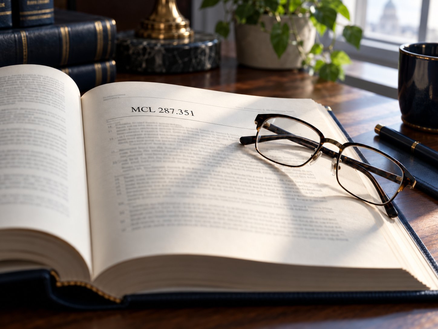 A volume of the Michigan Compiled Laws open on a desk to MCL 287.351, reading glasses resting on the page