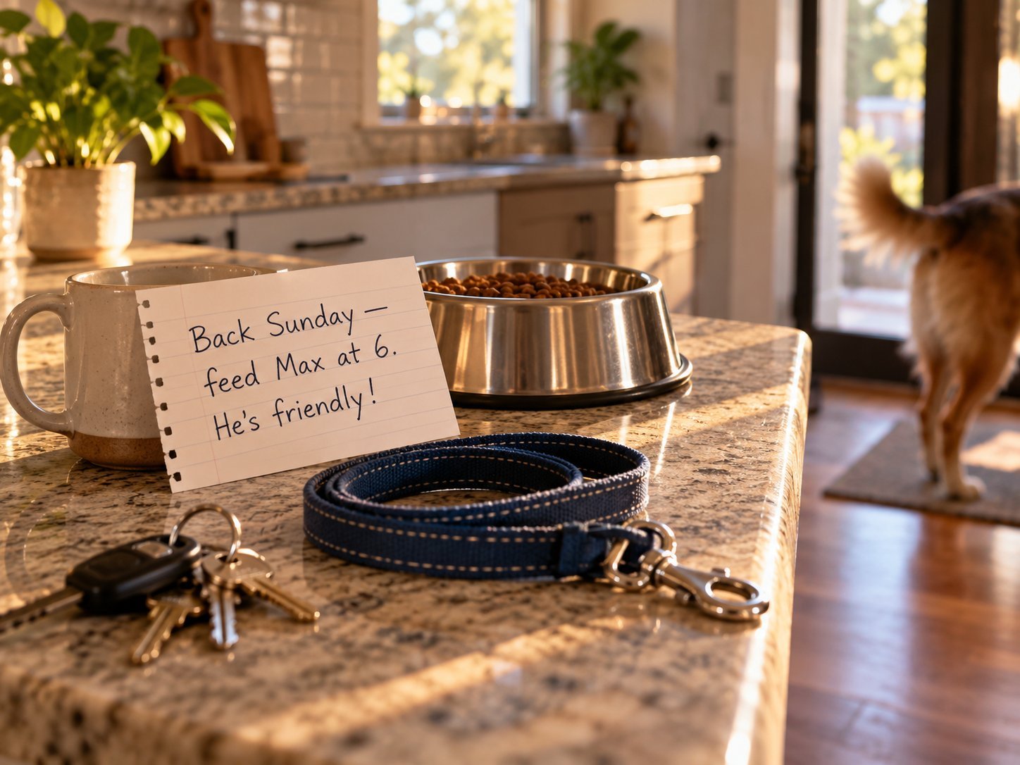 A kitchen counter with house keys, a leash, a full dog bowl and a handwritten note reading Back Sunday, feed Max at 6, he's friendly, with a dog walking out of frame